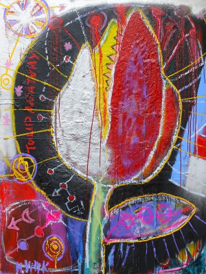 Tulip anatomy, 2013, enamels, acrylic, oil stick, spray paint on canvas and paper,  200X150cm (78x59in)