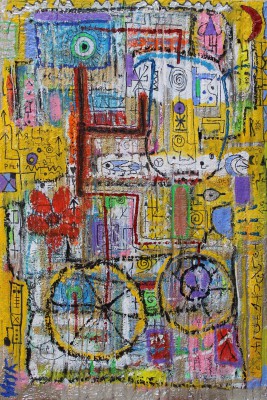Bicycle secrets, 2016, acrylic, enamel, foam, spray paint, pen, oil bar on canvas 150X100cm (59x39in)